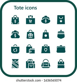 tote icon set. 16 filled tote icons. Included Shopping bag, Purse, Bag icons