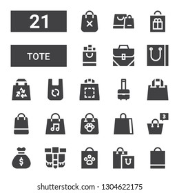 tote icon set. Collection of 21 filled tote icons included Shopping bag, Belt pouch, Bag