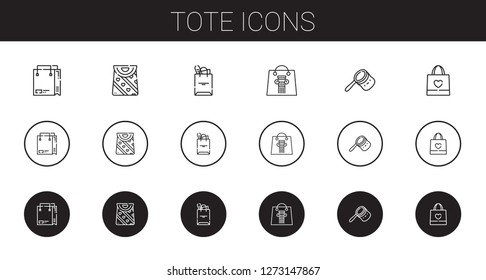 tote icons set. Collection of tote with shopping bag, bag, tote bag. Editable and scalable tote icons.