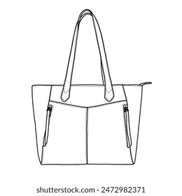 Tote Purses and Handbags for Women Large Shoulder Top Handle Bags with Zipper Line art, Suitable for your custom women handbags design, outline vector doodle illustration side view, isolated on white