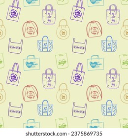 Tote and shopper bags seamless pattern, hand drawn vector illustration