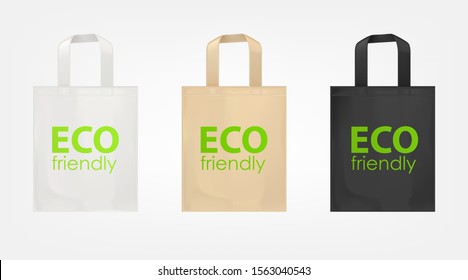 Tote shopping cotton bags with green text Eco friendly. Vector mockup of isolated white, beige and black reusable cloth bags