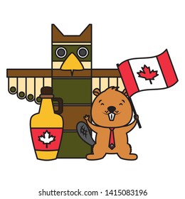 totem beaver syrup flag happy canada day vector illustration