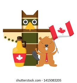 totem beaver syrup flag happy canada day vector illustration