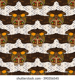 Totem being object symbol animal plant representation family clan tribe, vector illustration cartoon. Doodle traditional indian religious totem African, indian, totem, tribal, design. Seamless pattern