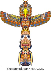 Totem being object symbol animal plant representation family clan tribe, vector illustration cartoon. Native with eagle on her head. She is holding her babies in her arms.