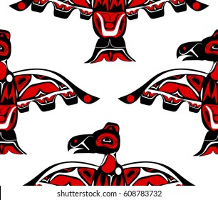 totem bird indigenous art stylization on with native ornament seamless pattern