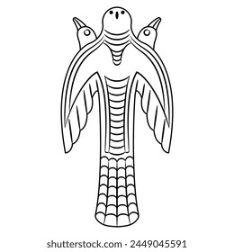 Totem bird. Permian animal style. Ancient Siberian shamanistic idol. Stylized flying dove or falcon with three heads. Black and white linear silhouette.