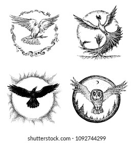 Totem birds. Owl, crow, pigeon, peacock. Illustration, sketch