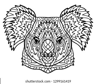 Totem coloring page for adults. The head of the Koala. Zen art style. Zoo animal ethnic tribal african print suits as tattoo, logo template, decoration, coloring book sketch, Collection of animals.