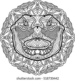 Totem coloring page for adults. The head of a crocodile. Line art