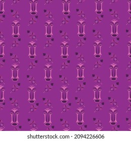 Totem Face, Purple Seamless Pattern. Flat Vector Stock Illustration. Repeat Wood Tribal African. Tribal Leader Mask. Endless Illustration For Print And Design