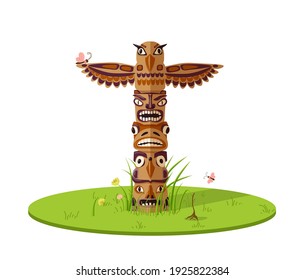 Totem fantastic birds on lawn illustration. Ancient Native American wooden statue of mythical creatures ethnically painted in abandoned green vector glade.