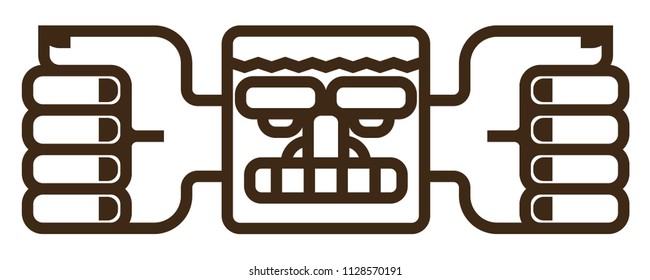 Totem: Flat Vector Icon. Face with a wide mouth, large eyebrows and outgoing hands.