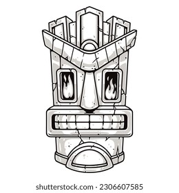 Totem god tiki monochrome logotype with face mask with flame in eyes to guard house from superstitions and spirits vector illustration