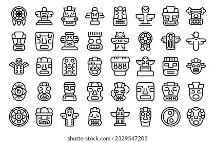 Totem icons set outline vector. Stone altar. Idol statue