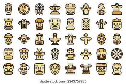 Totem icons set outline vector. Stone altar. Idol statue thin line color flat on white 