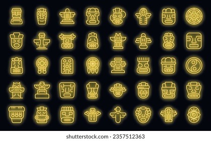 Totem icons set outline vector. Stone altar. Idol statue neon color on black