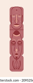 Totem idol with faces isolated. Flat vector stock illustration. People's face or head. Traditional retro symbol. Ancient culture. Sculpture made of wood. Isolated illustration