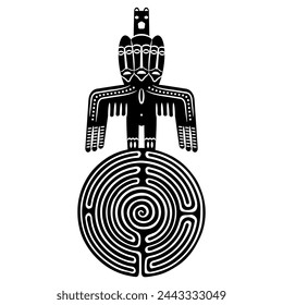 Totem idol standing on a round spiral maze or labyrinth symbol. Ancient Siberian Permian animal style. Creative mythological concept. Black and white silhouette.