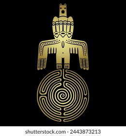 Totem idol standing on a round spiral maze or labyrinth symbol. Ancient Siberian Permian animal style. Creative mythological concept. Black and gold silhouette.