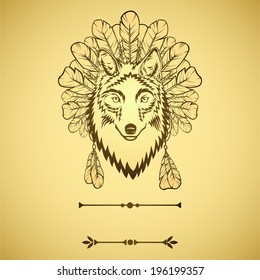 A totem illustration with wolf and feathers