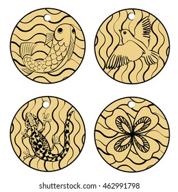 Totem lore of fire, water, earth and air. Medallions.