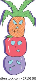 Totem Made of different fruits; Plum, apple and pineapple stacked one over another
