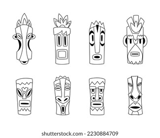 Totem and Maya Civilization Mask from Wood with Carved Ornament Black Vector Set