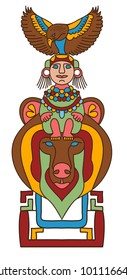 Totem is an object and symbol animal plant representation family clan tribe, vector illustration cartoon.  It is a pyramide of a hawk, an Indian girl and a bear.