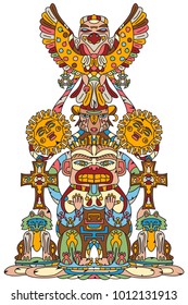 Totem is an object and symbol animal plant representation family clan tribe, vector illustration cartoon. Symmetrical figure of a hawk, a bear, a man und two foxes. On the sides are suns and crosses. 