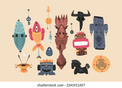 Totem pole and ethnic tribal masks set vector illustration. Traditional indigenous elements. Idols symbols flat style concept