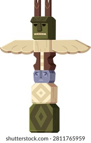 Totem pole flat icon. Authentic wooden carved idol sculpture representing ancient traditions and beliefs of indigenous people. Tribal shaman occult item. Cartoon Maya or Aztec ancient civilization