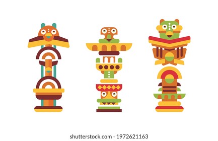 Totem Pole as Monumental Carving with Figures Vector Set