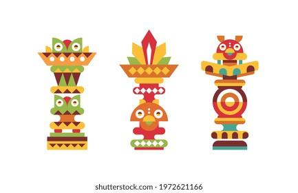 Totem Pole as Monumental Carving with Figures Vector Set