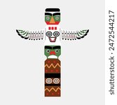 Totem pole. Traditional Canadian symbol.  Vector illustration in flat style. White isolated background. 