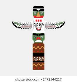 Totem pole. Traditional Canadian symbol.  Vector illustration in flat style. White isolated background. 