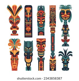 Totem poles icons set, vector illustration. Tribal hawaiian tiki totems, design elements collection.