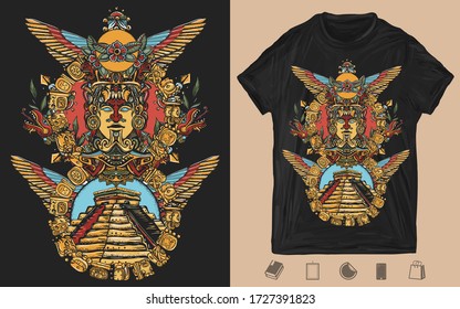 Totem and pyramids Chichen Itzá and Kukulkan god (Feathered serpent). Ancient Mayan civilization. Creative print for dark clothes. T-shirt design. Template for posters, textiles, apparels 