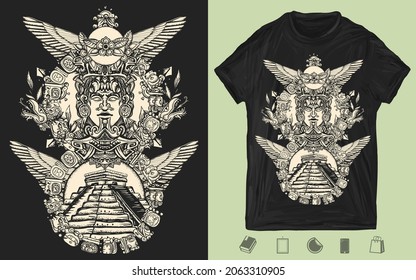 Totem and pyramids Chichen Itzá and Kukulkan god (Feathered serpent). Ancient Mayan civilization. Old school tattoo vector art. T-shirt design. Creative print for clothes. Template for posters 