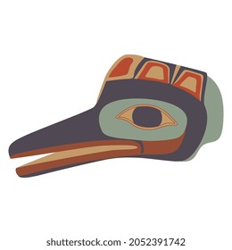 Totem raven head. Ethnic bird mask. Native American animal design of Tlingit Indians. Isolated vector illustration.