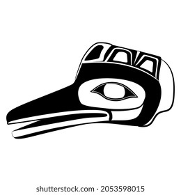 Totem raven head. Ethnic bird mask. Native American animal design of Tlingit Indians. Black and white silhouette.