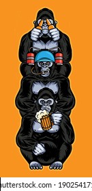 Tótem Con Tres Monos Sabios. Tres Gorilas Sabios Con Una jarra de cerveza, con casco de cerveza y botellas de cerveza. Ilustración vectorial.