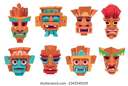 Totem tiki mask hawaiian tribal cartoon vector. African face icon with smile for summer island beach party near beach. Traditional tropical polynesian wooden head statue colorful decoration.