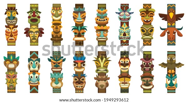 Totem vector cartoon set icon. Vector illustration set
tribal mask. Isolated cartoon icon traditional totem on white
background .
