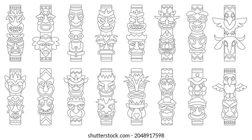 Totem vector outline set icon. Vector illustration set tribal mask. Isolated outline icon traditional totem on white background .