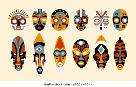 Totemic African tribal masks. Set of ritual mythological ethnic aboriginal face masks. African Tropical Hawaiian Culture Stickers Set