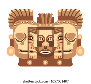 Totemic wooden sculpture of Mayan culture with faces