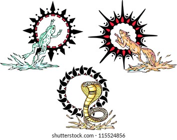 Totems - animals with solar signs. Set of vector illustrations.