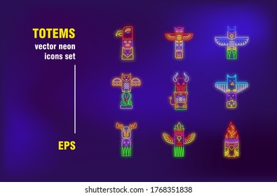 Totems collection in neon style. Illuminated animal, wing and bird. Vector illustrations for bright bar banners. Religion and animalism concept